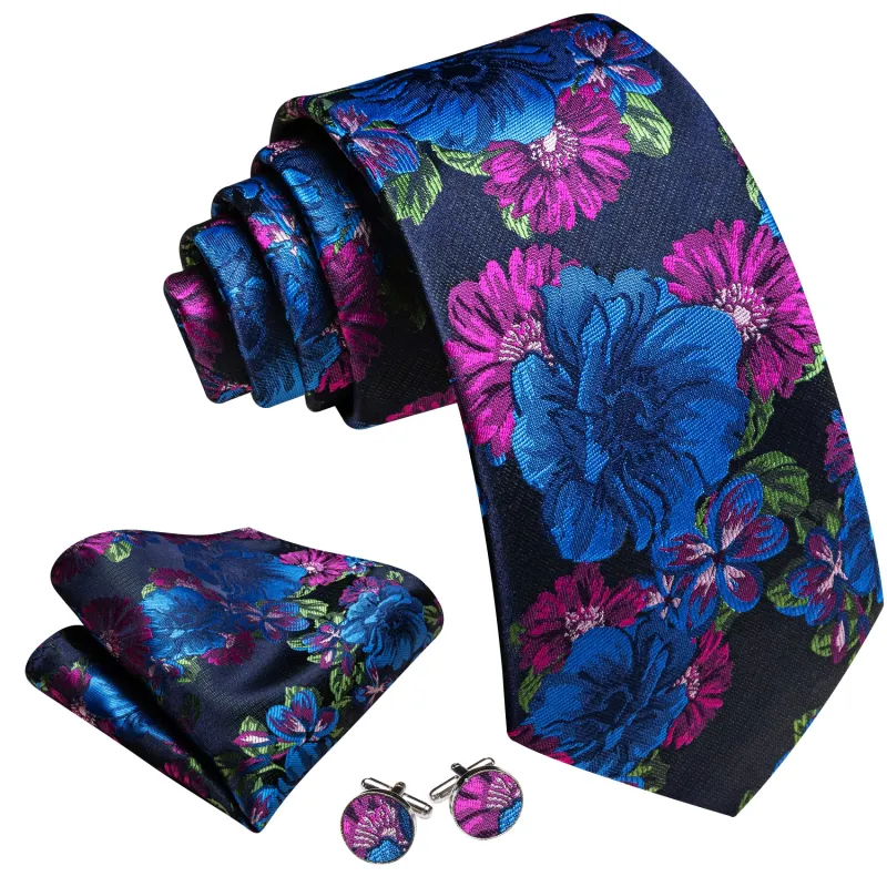 Barry. Wang Floral Blue Purple Necktie Set Mens Silk Tie Pocket Square Cufflinks for Wedding made by Barrywang