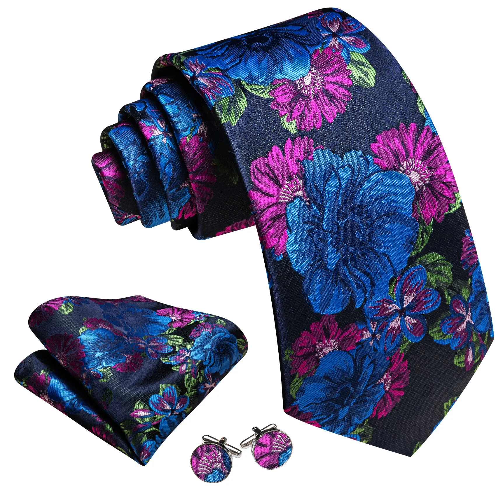 Barry. Wang Floral Blue Purple Necktie Set Mens Silk Tie Pocket Square Cufflinks for Wedding sold by Barrywang