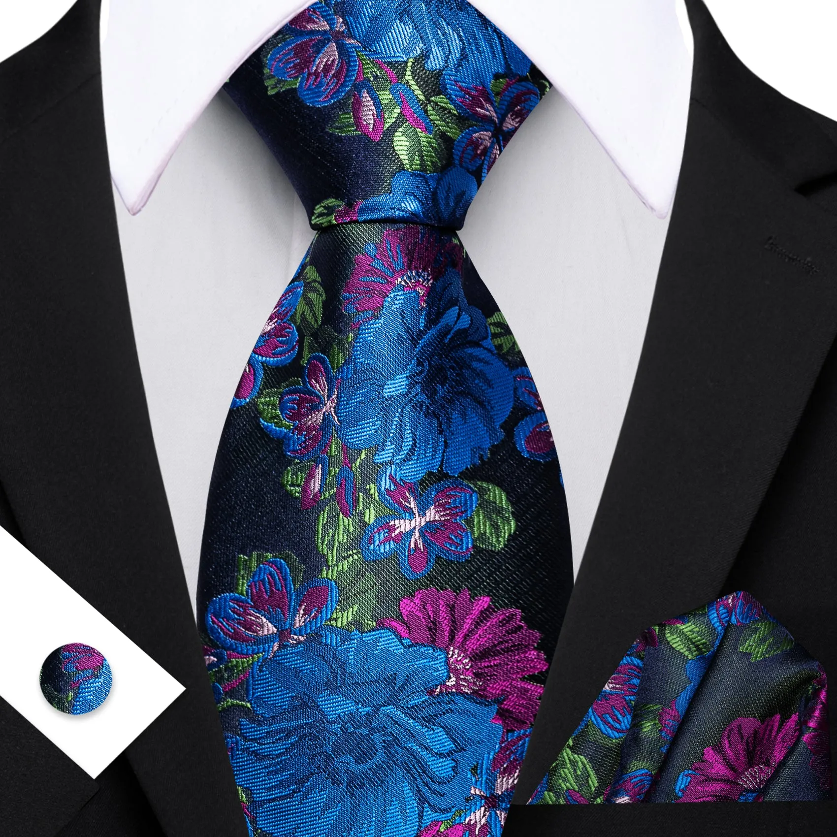 Barry. Wang Floral Blue Purple Necktie Set Mens Silk Tie Pocket Square Cufflinks for Wedding sold by Barrywang product image thumbnail 3