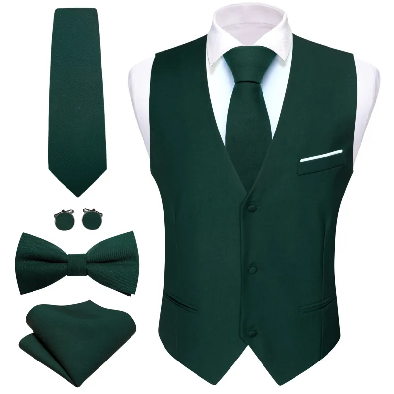 Barry. Wang Hunter Green Suit Vest Solid Formal Vest Necktie Bowtie Hanky Cufflinks Set made by Barrywang