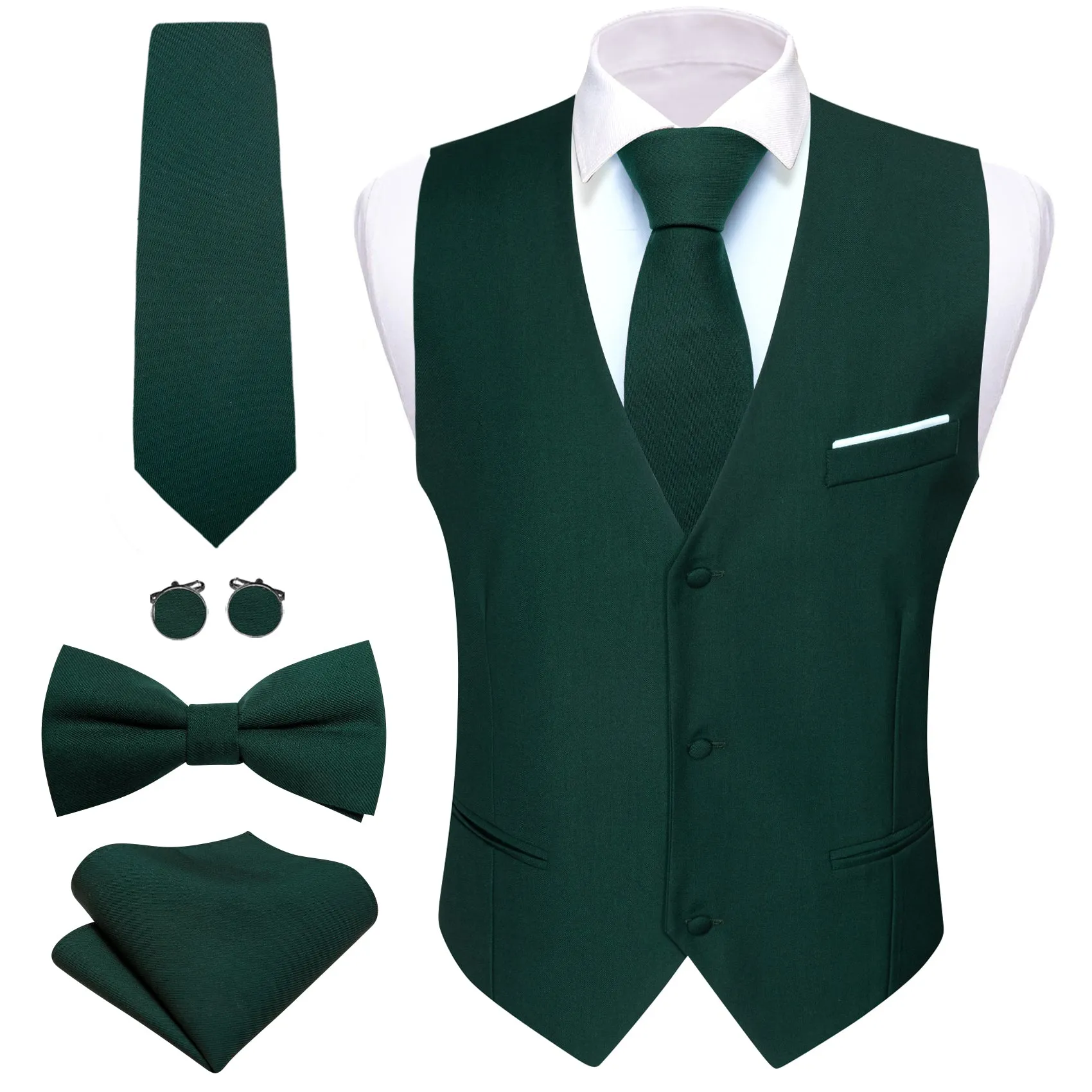 Barry. Wang Hunter Green Suit Vest Solid Formal Vest Necktie Bowtie Hanky Cufflinks Set sold by Barrywang