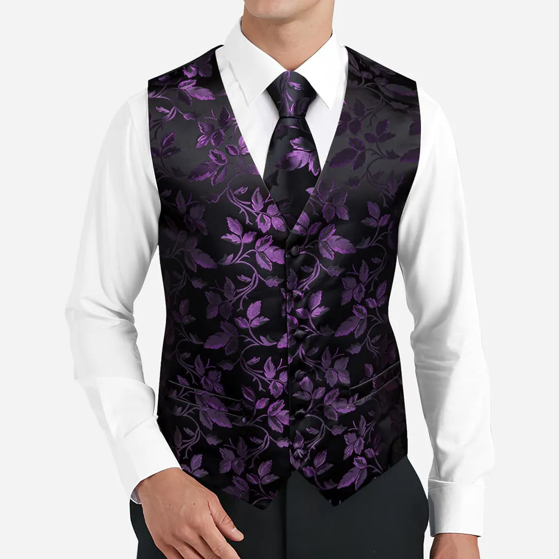 Barry. Wang Purple Floral Suit Vest Black Dress Waistcoat Tie Pocket Square Cufflinks Set sold by Barrywang