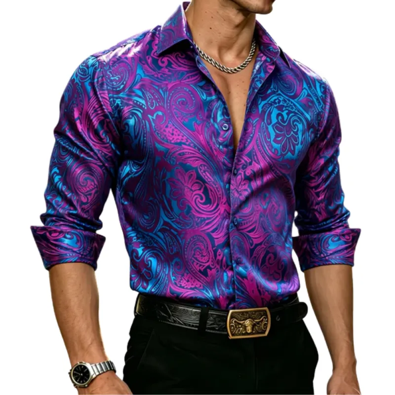 Barry. Wang Mens Purple Paisley Dress Shirt Jacquard Casual Party Long Sleeve Shirt made by Barrywang