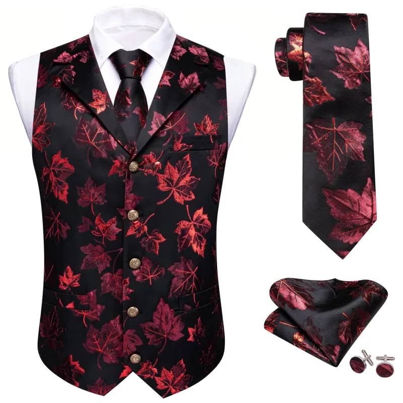 Barry. Wang Men's Casual Dress Vest Burgundy Metallic Leaf Waistcoat Tie Pocket Square Set made by Barrywang