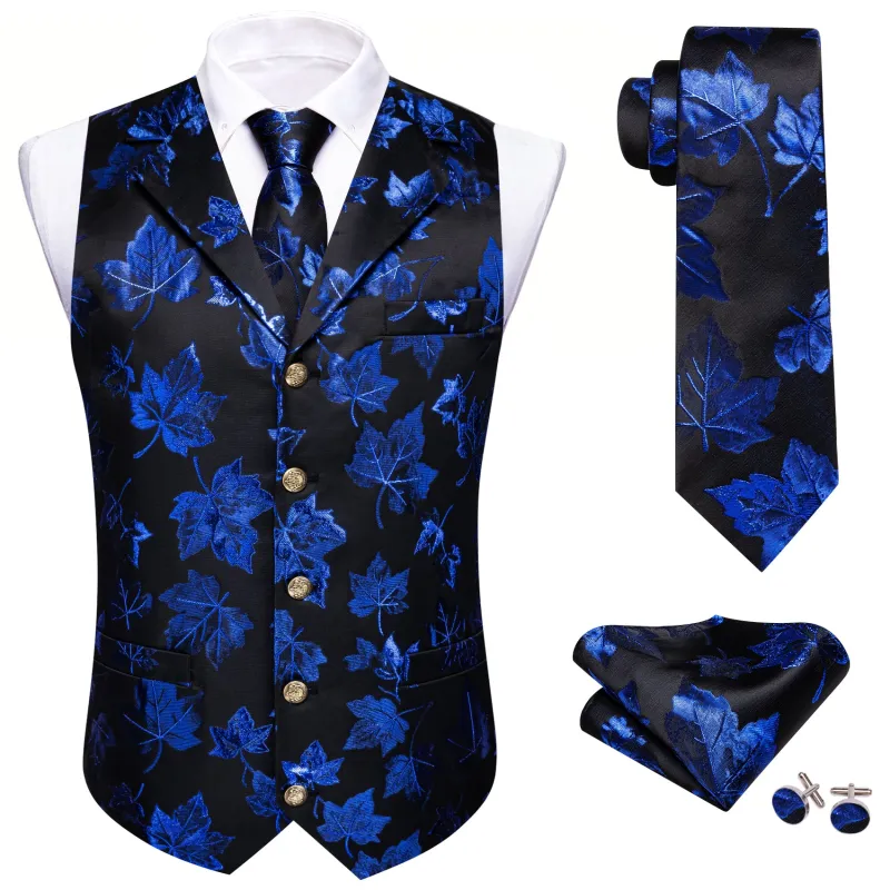 Barry. Wang Men's Dress Vest Royal Blue Leaf Jacquard Waistcoat Tie Pocket Square Cufflinks Set made by Barrywang