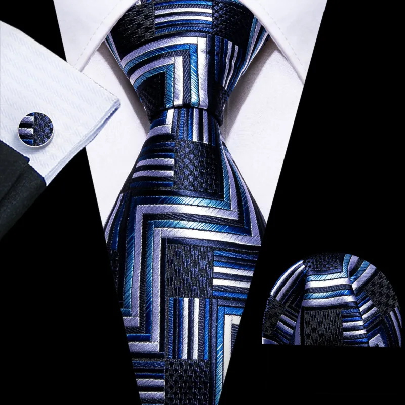 Deep Blue White Plaid Silk Necktie Hanky Cufflinks Set sold by Barrywang