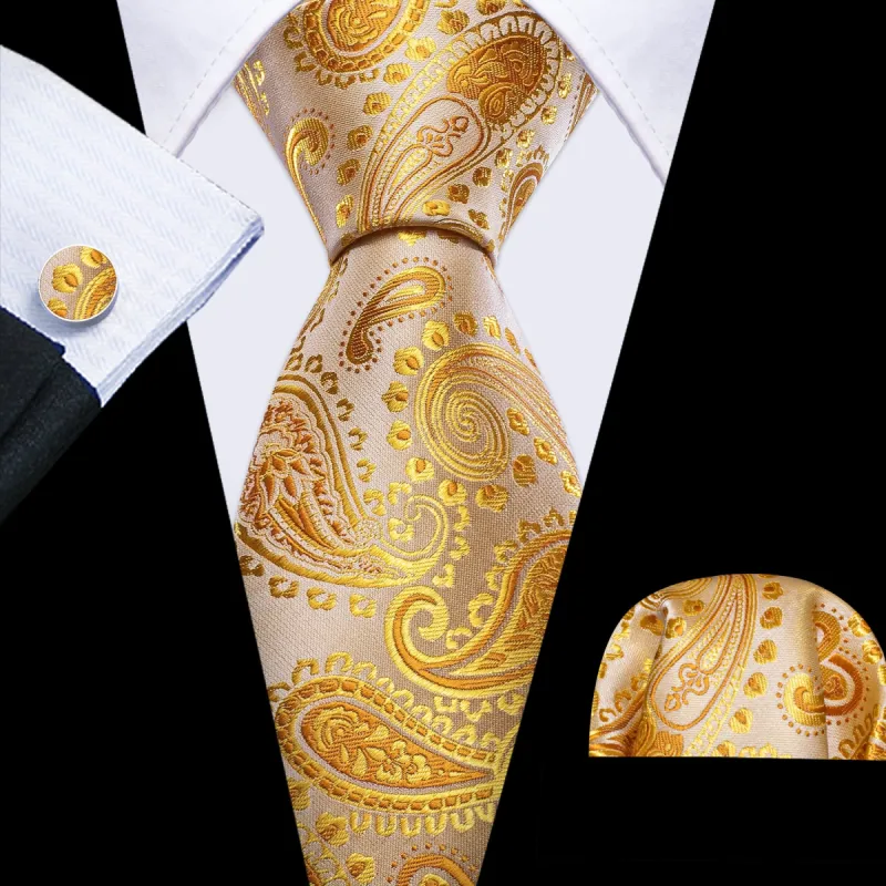 Barry Wang Gold Paisley Silk Tie Hanky Cufflinks Set for Men's Wedding sold by Barrywang