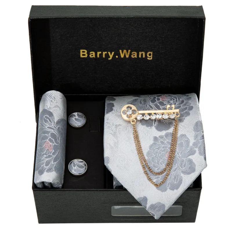 Luxury Silver Floral Necktie Alloy Lapel Pin Brooch Pocket Square Cufflinks Gift Box Set sold by Barrywang