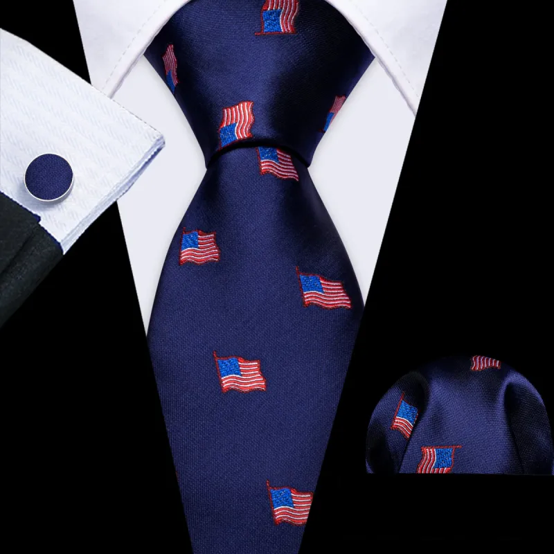 Barry Wang Blue Tie Red American Flag Pattern Tie Hanky Cufflinks Set sold by Barrywang