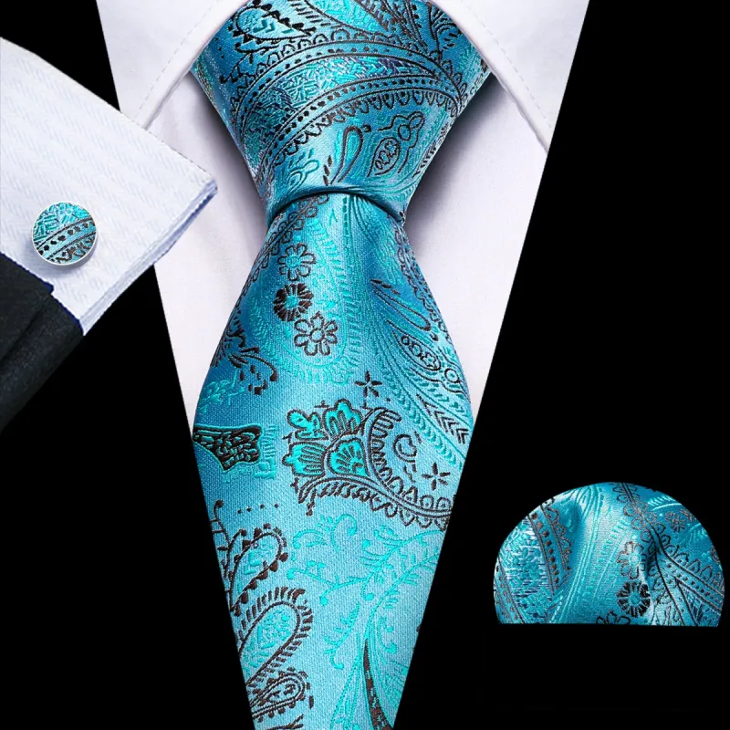 Barry Wang Sky Blue Tie Brown Paisley Silk Necktie Hanky Cufflinks Set sold by Barrywang