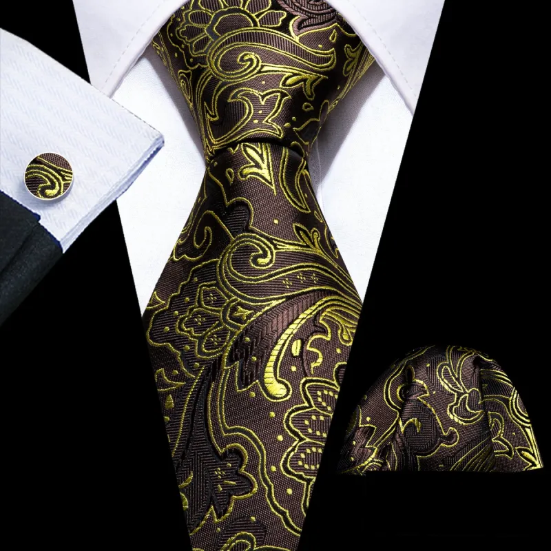 Barry Wang Brown Gold Paisley Silk Necktie Handkerchief Cufflinks Set sold by Barrywang