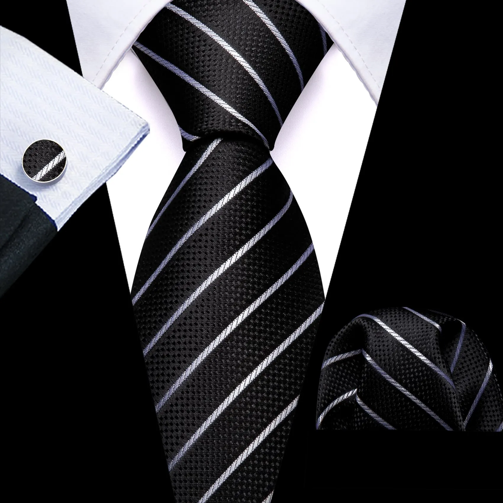 Barry. Wang Black Tie White Lines Striped Necktie Men's Tie Set sold by Barrywang