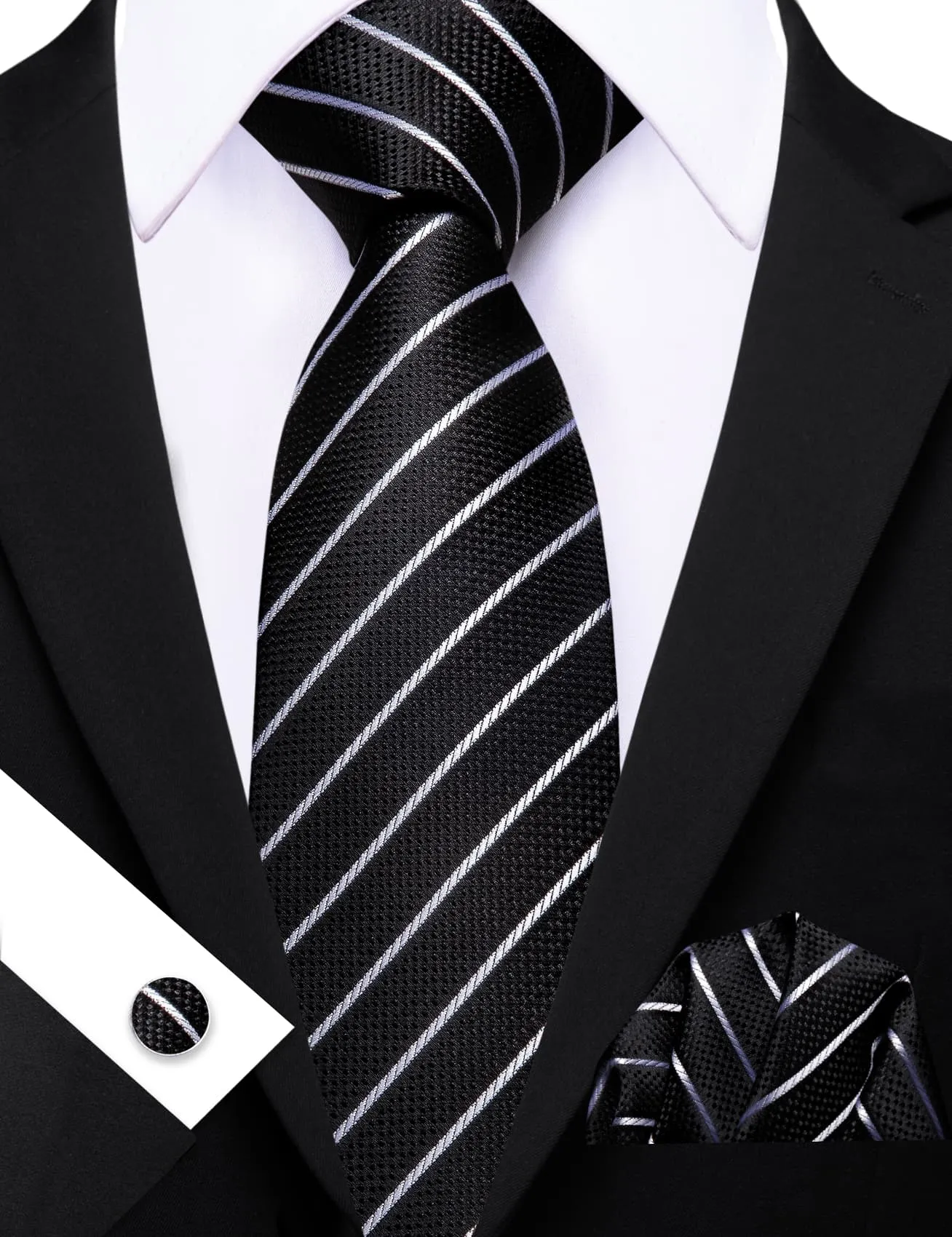 Barry. Wang Black Tie White Lines Striped Necktie Men's Tie Set sold by Barrywang product image thumbnail 2