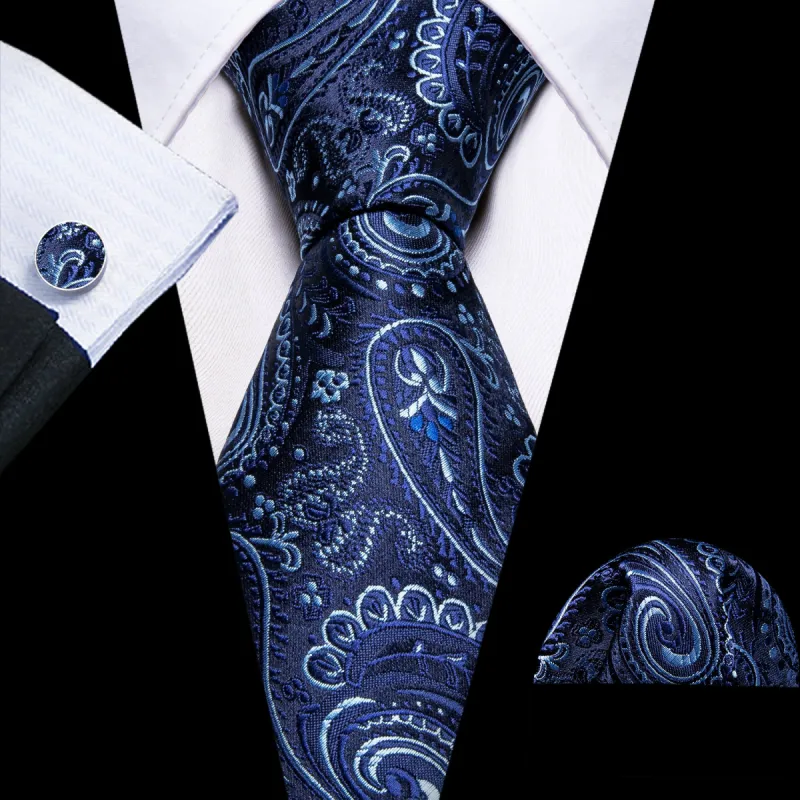 Blue White Paisley Silk Tie Pocket Square Cufflinks Set sold by Barrywang