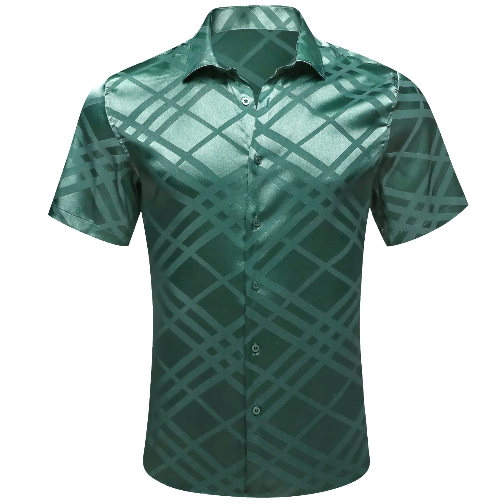Barry Wang Dress Shirts for Men Green Plaid Top Short Sleeves Shirt sold by Barrywang