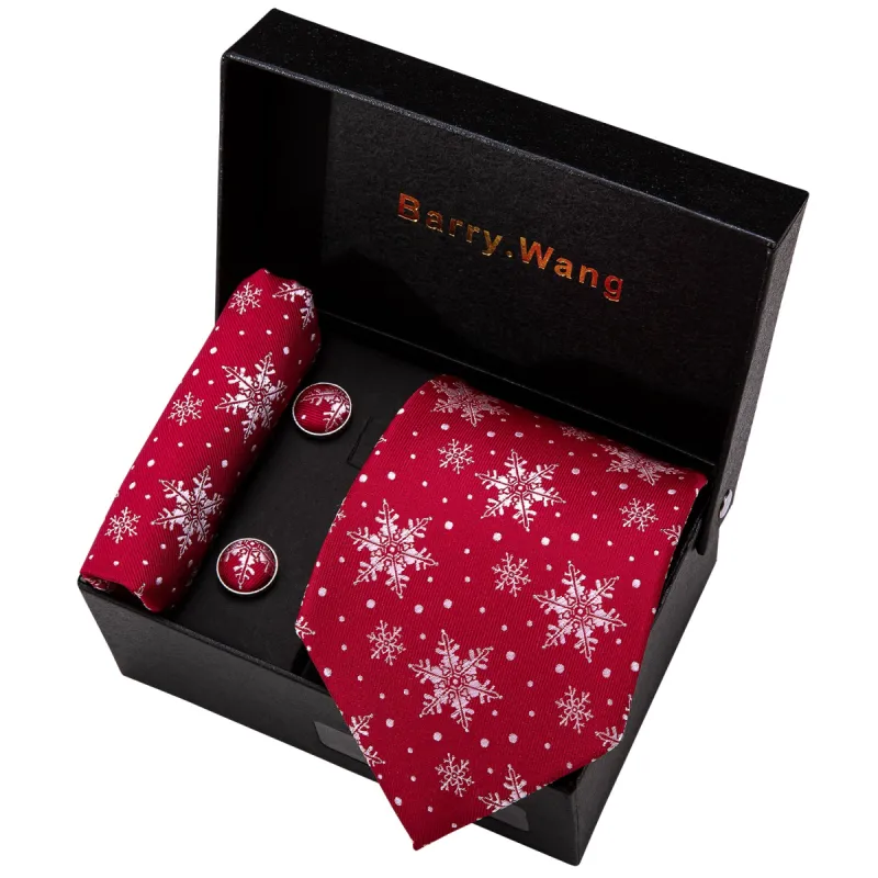 Barry Wang Red White Snowflake Silk Tie Pocket Square Cufflinks Set Gift Box Set Christmas sold by Barrywang
