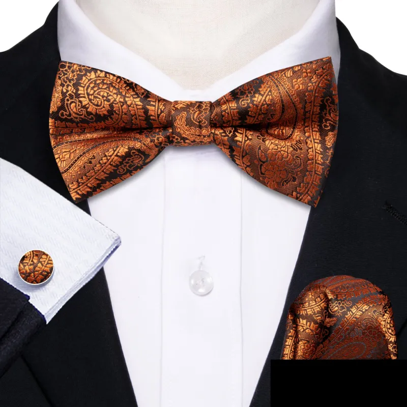 Barry. Wang Brown Rust Orange Paisley Mens Bow Tie Hanky Cufflinks Set sold by Barrywang