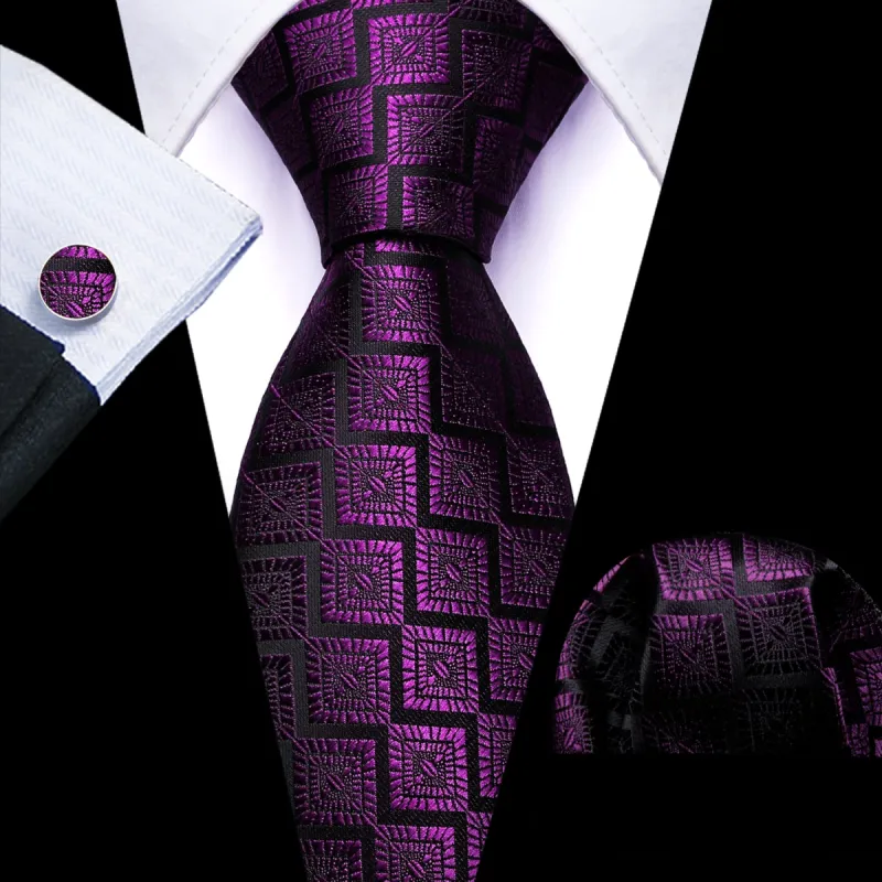 Barry. Wang Purple Tie Jacquard Geometric Pattern Men's Necktie Set sold by Barrywang