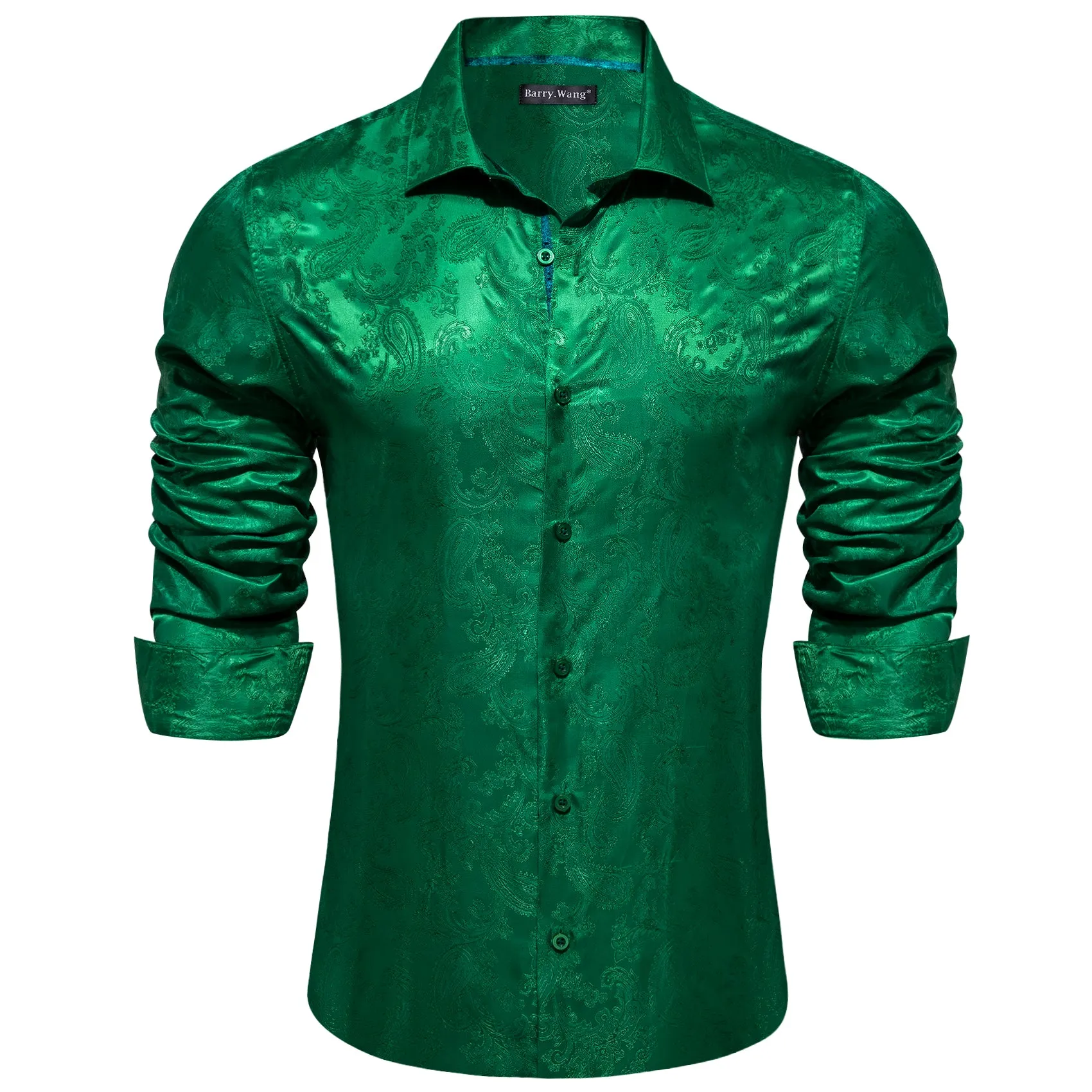 Barry Wang Button Down Long Sleeve Grass Green Paisley Silk Mens Shirt sold by Barrywang product image thumbnail 4