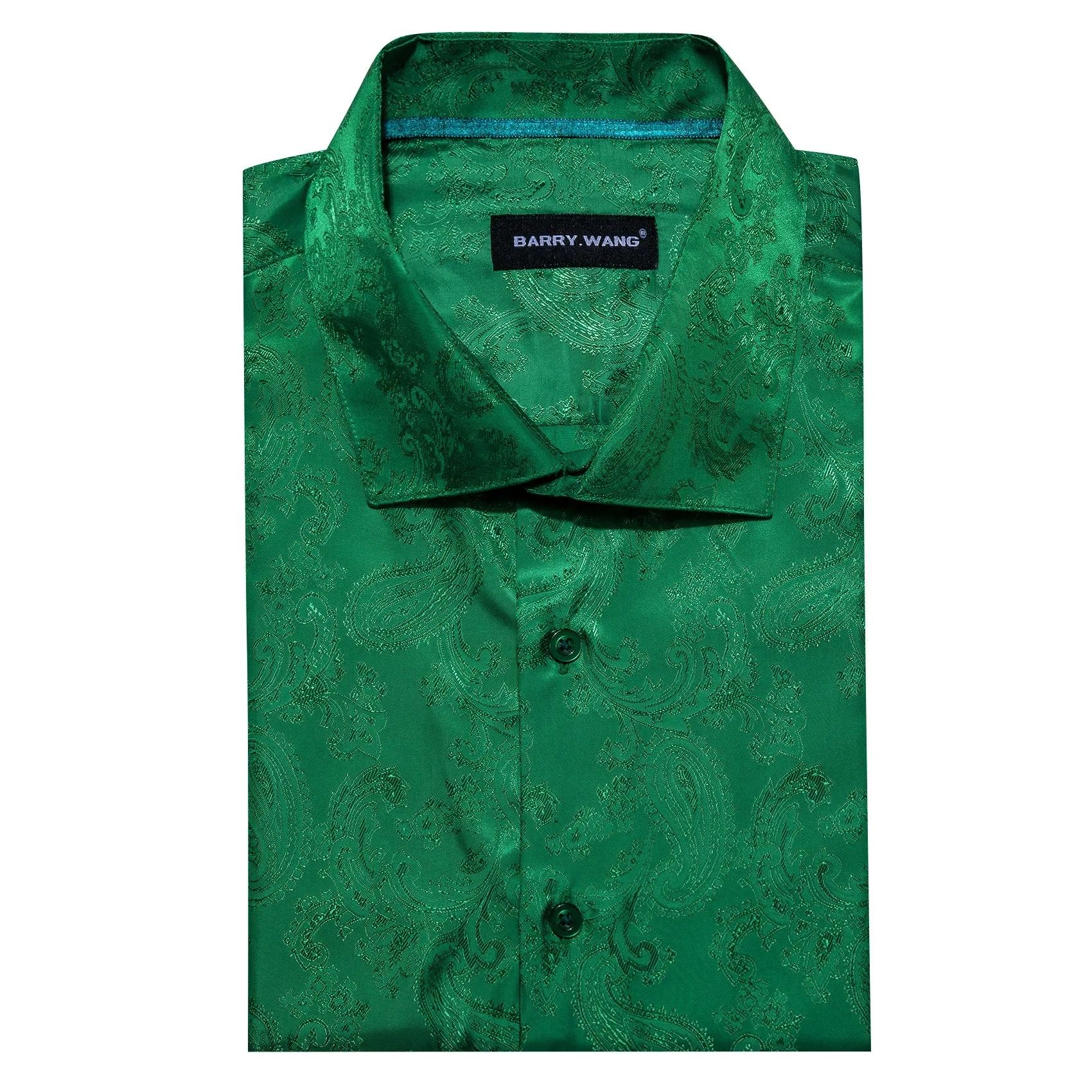 Barry Wang Button Down Long Sleeve Grass Green Paisley Silk Mens Shirt sold by Barrywang product image thumbnail 5