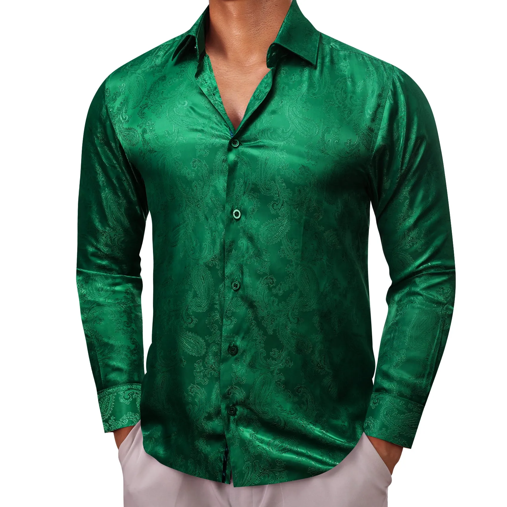 Barry Wang Button Down Long Sleeve Grass Green Paisley Silk Mens Shirt sold by Barrywang
