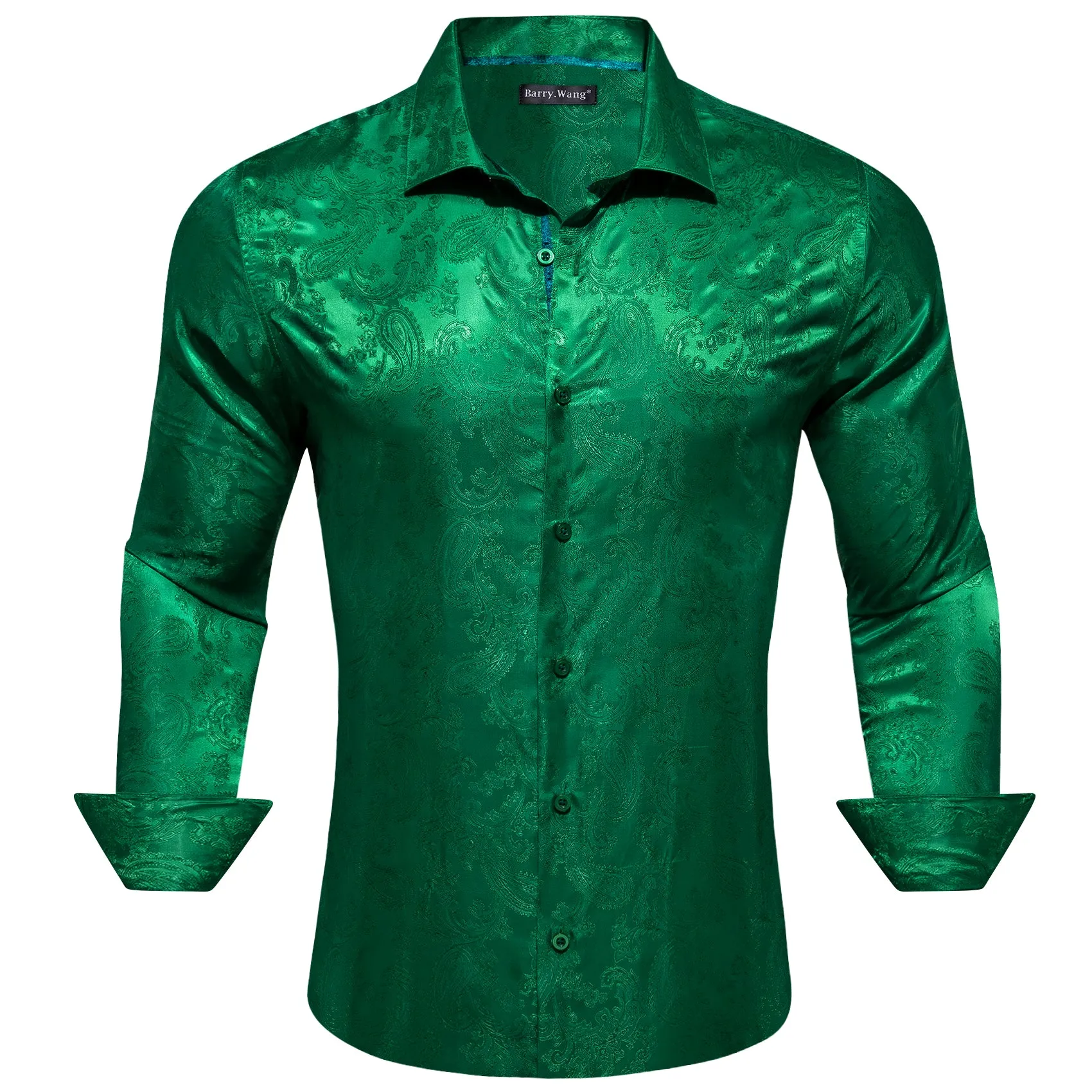 Barry Wang Button Down Long Sleeve Grass Green Paisley Silk Mens Shirt sold by Barrywang product image thumbnail 2