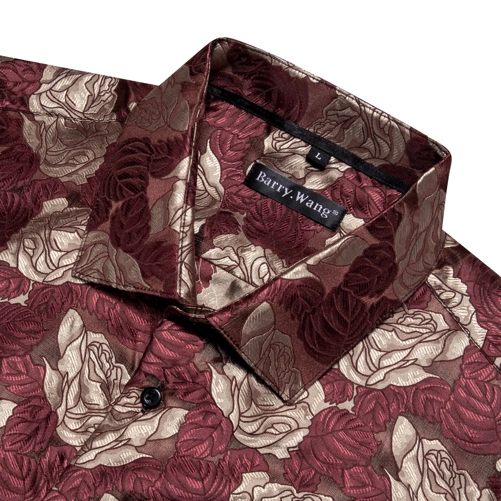 Barry. Wang Burgundy Shirt Beige Roses Button Up Mens Long Sleeve Shirt sold by Barrywang product image thumbnail 3