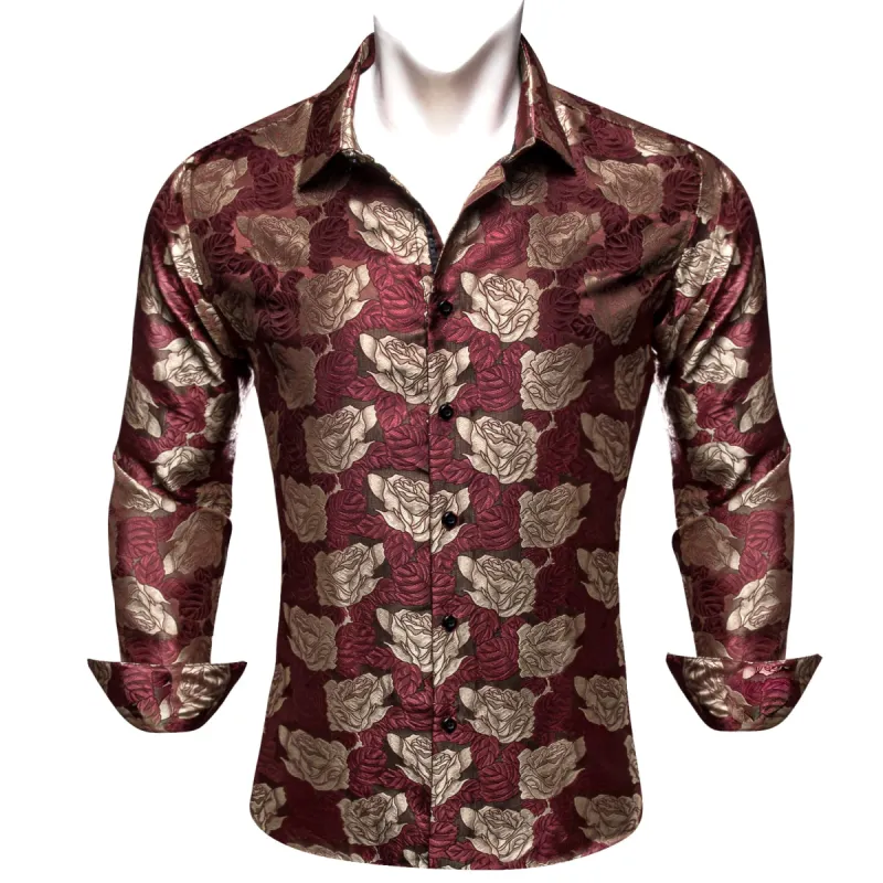 Barry. Wang Burgundy Shirt Beige Roses Button Up Mens Long Sleeve Shirt sold by Barrywang