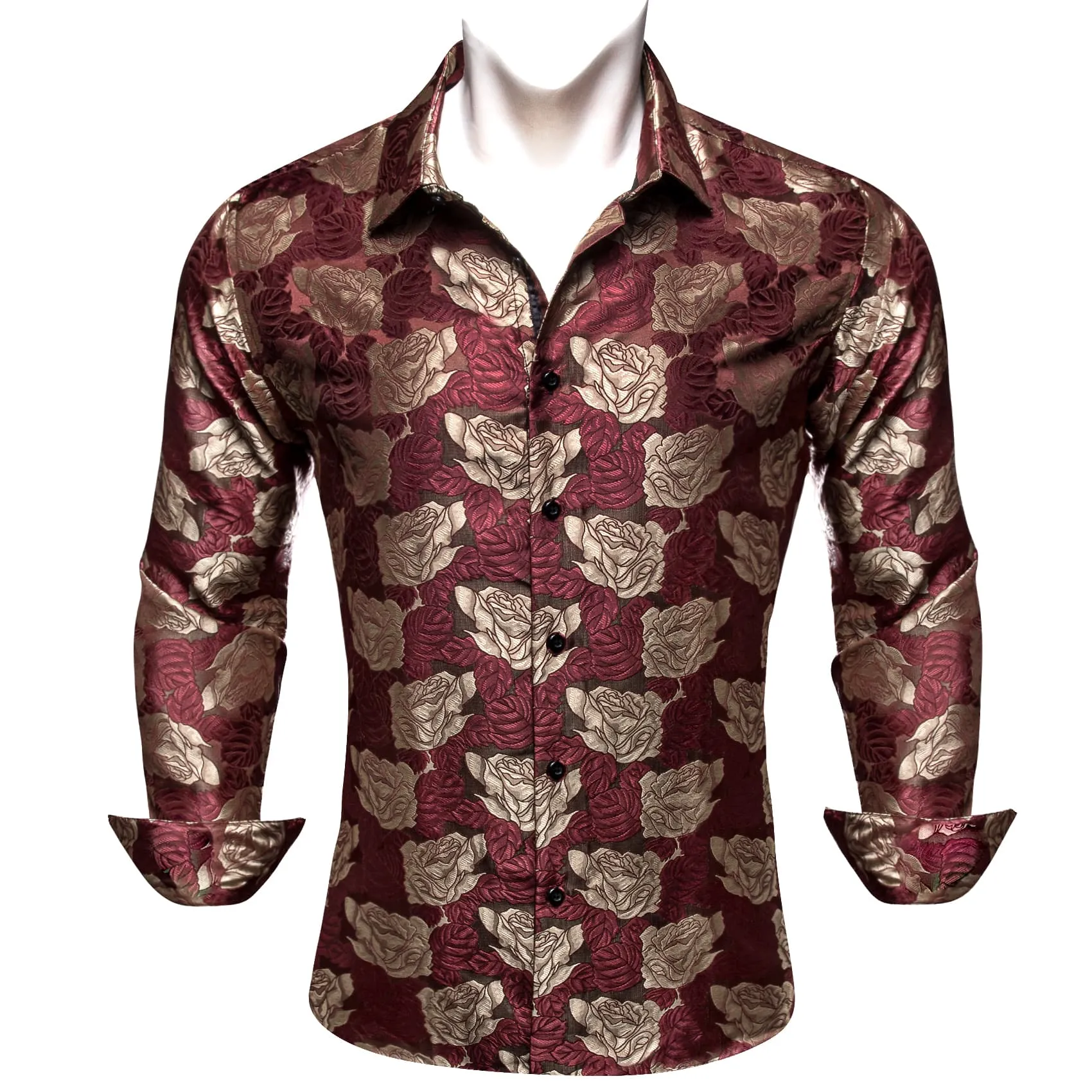 Barry. Wang Burgundy Shirt Beige Roses Button Up Mens Long Sleeve Shirt sold by Barrywang