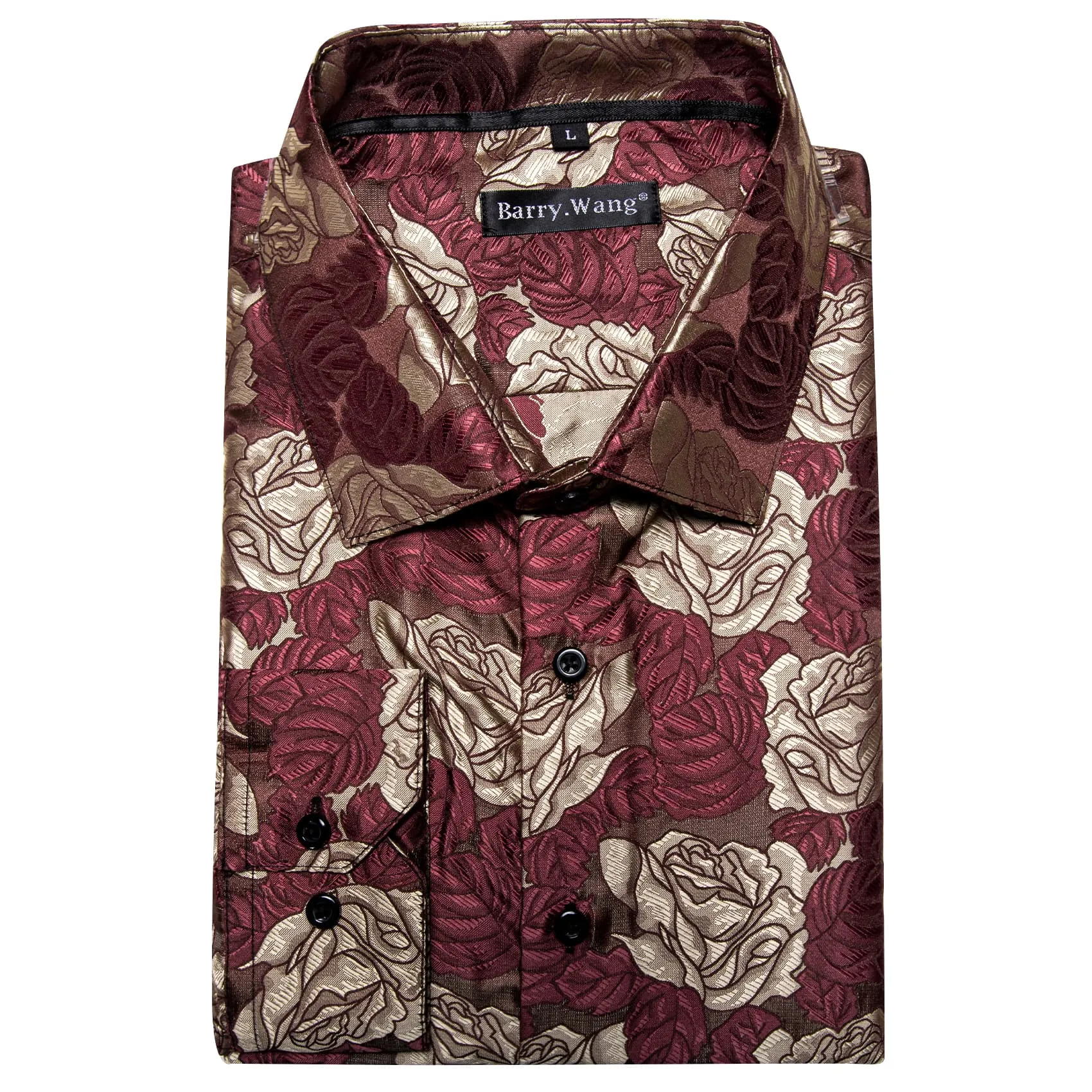 Barry. Wang Burgundy Shirt Beige Roses Button Up Mens Long Sleeve Shirt sold by Barrywang product image thumbnail 5