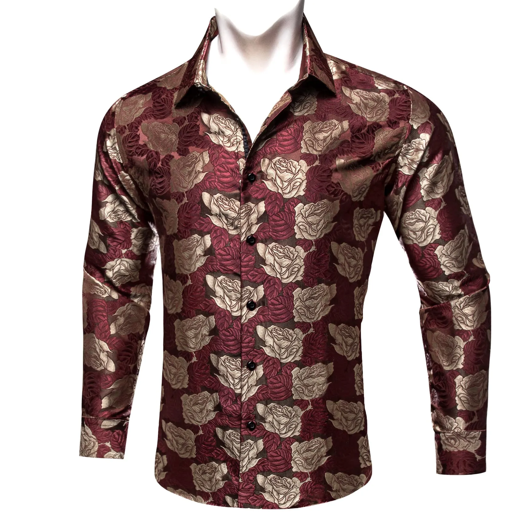 Barry. Wang Burgundy Shirt Beige Roses Button Up Mens Long Sleeve Shirt sold by Barrywang product image thumbnail 2
