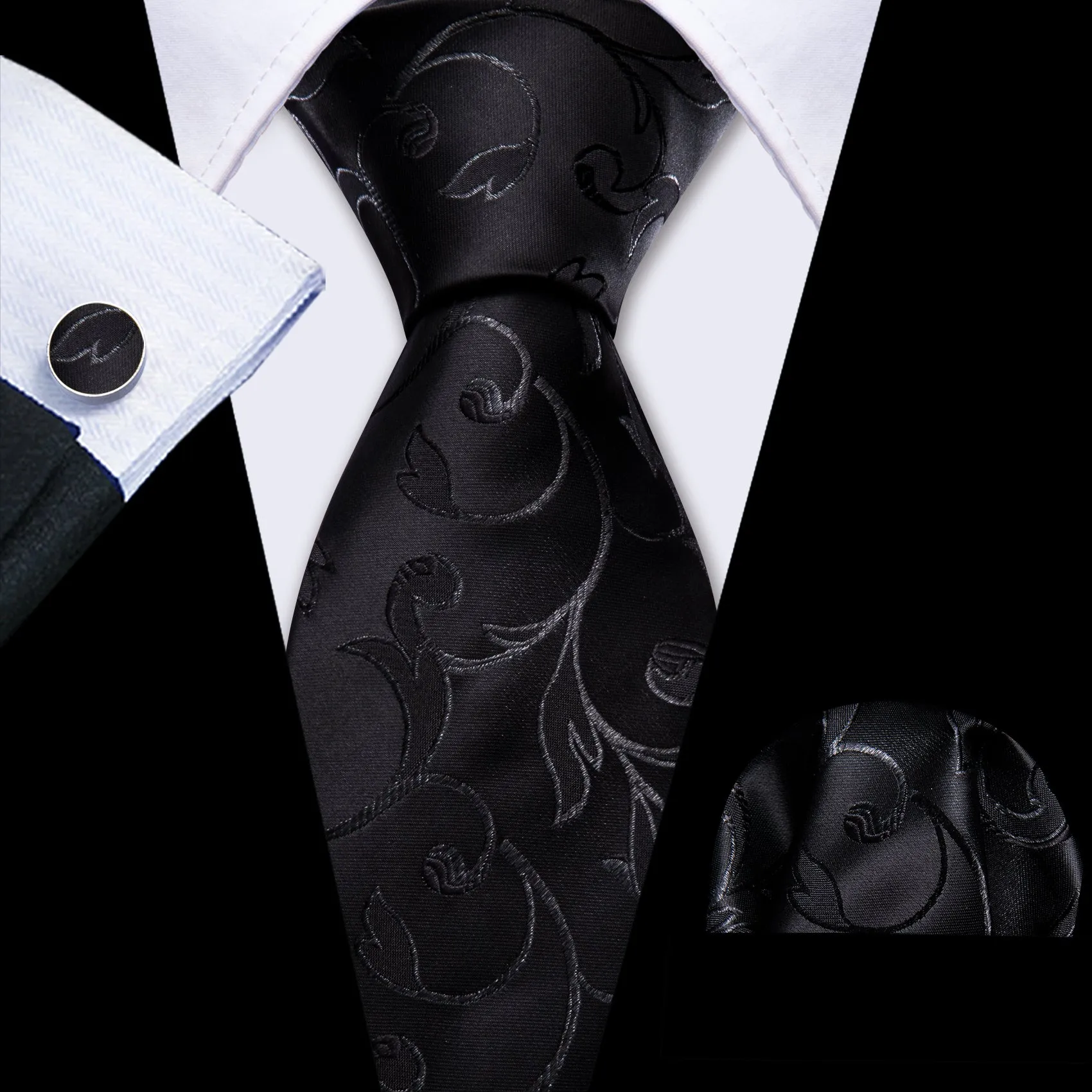 Barry Wang Black Tie Floral Silk Necktie Handkerchief Cufflinks Set sold by Barrywang