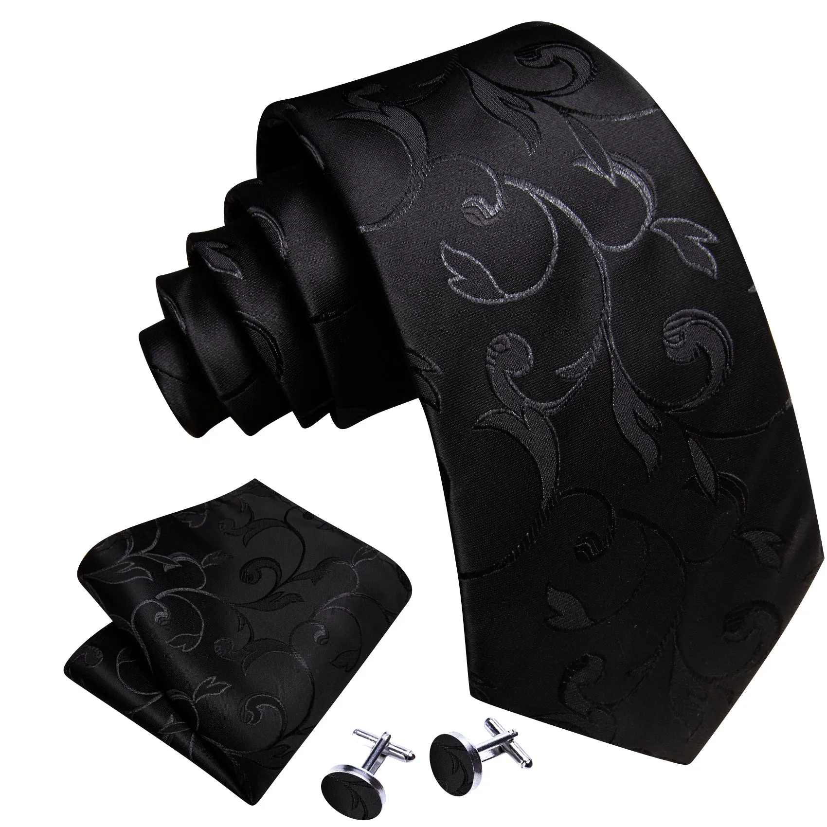 Barry Wang Black Tie Floral Silk Necktie Handkerchief Cufflinks Set sold by Barrywang product image thumbnail 3