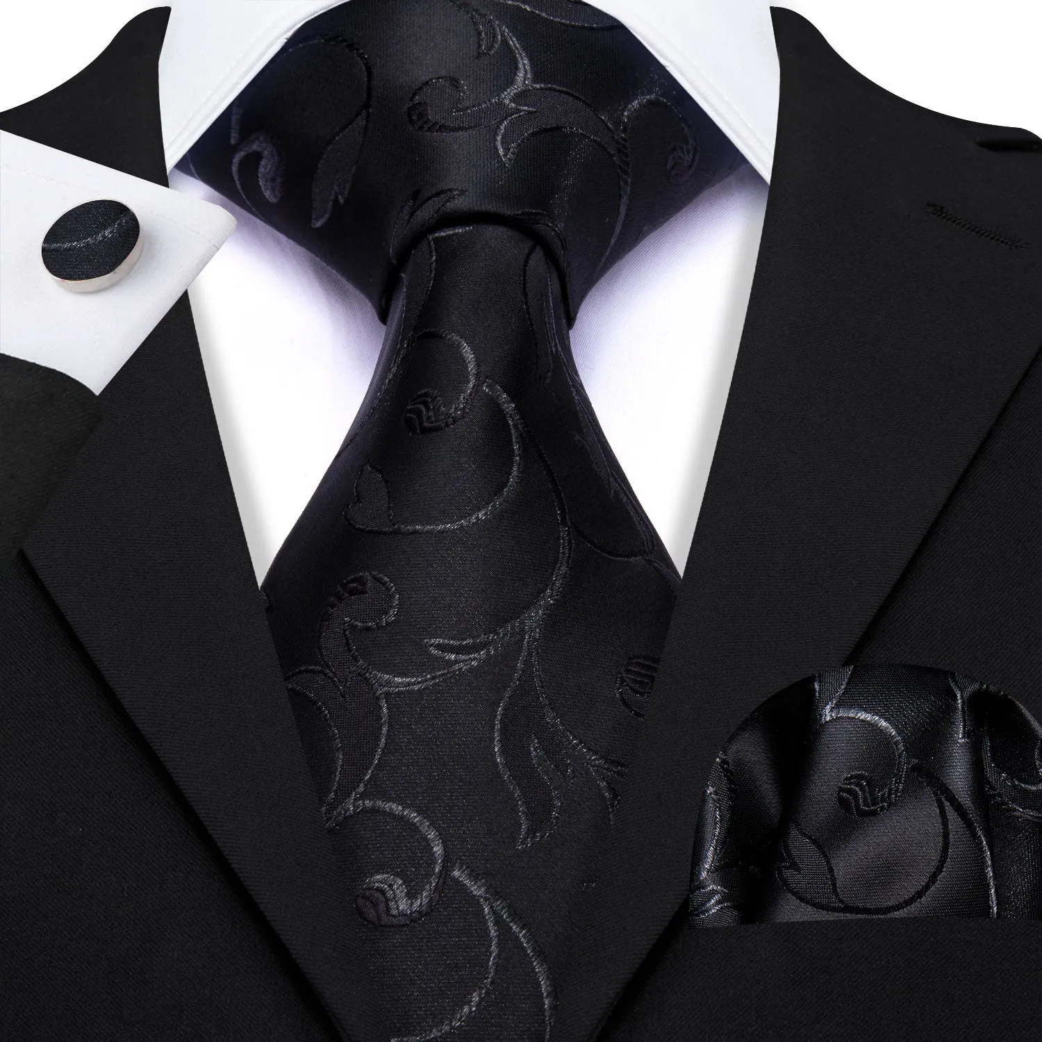Barry Wang Black Tie Floral Silk Necktie Handkerchief Cufflinks Set sold by Barrywang product image thumbnail 2