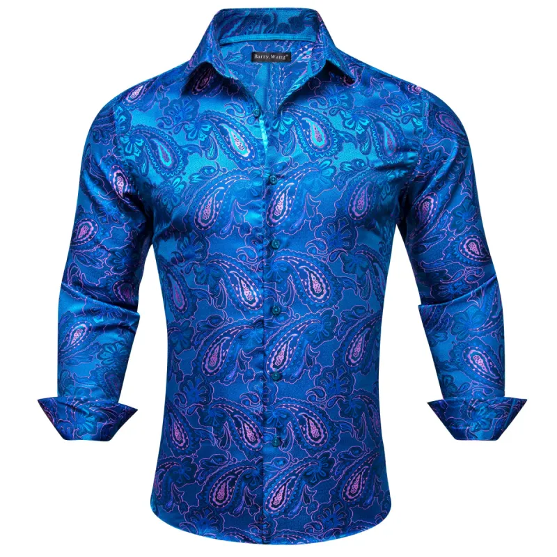 Barry Wang Dark Blue Shirt Pink Jacquard Paisley Silk Men's Shirt sold by Barrywang