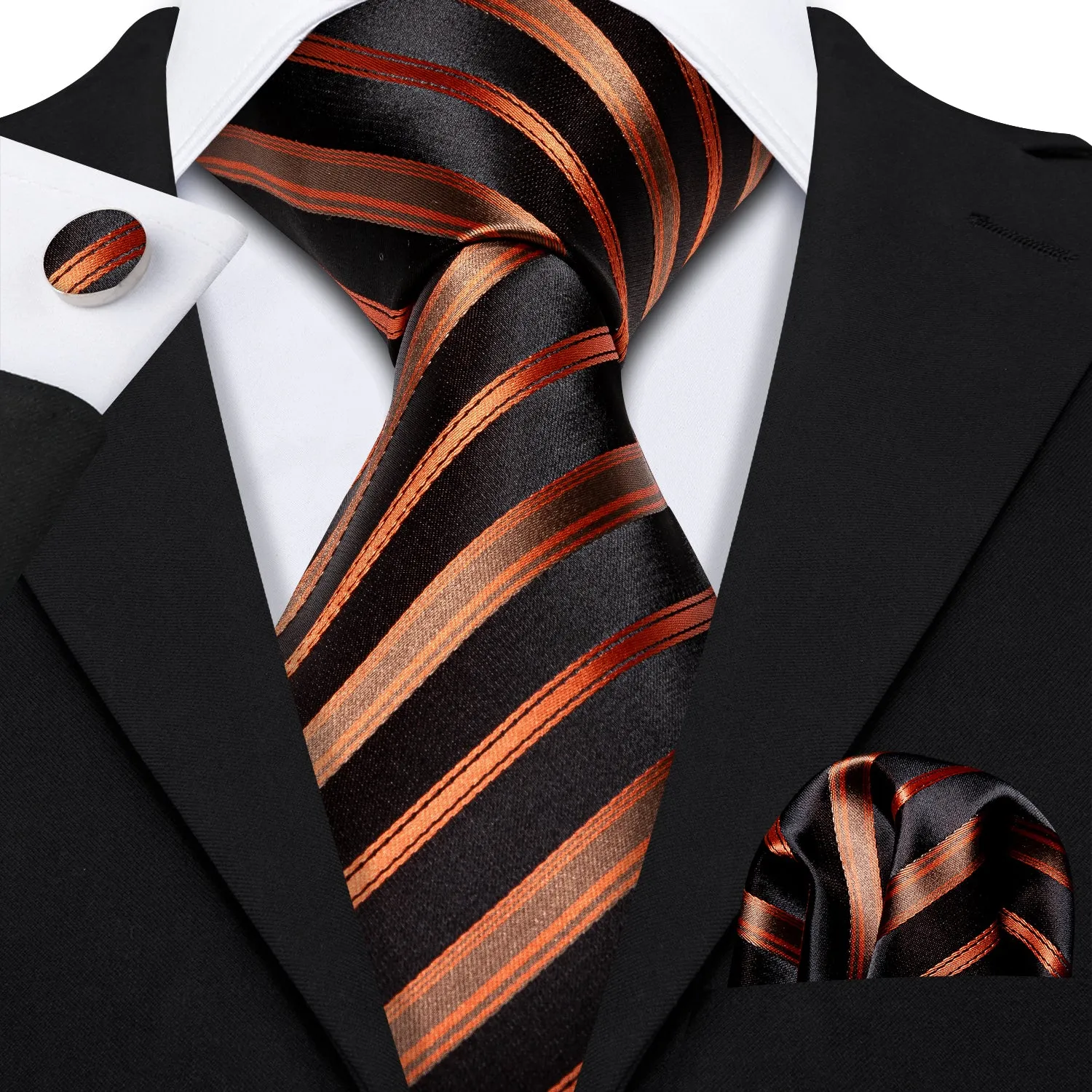 Barry. Wang Orange Black Brown Stripe Tie Hanky Cufflinks Set for Men sold by Barrywang