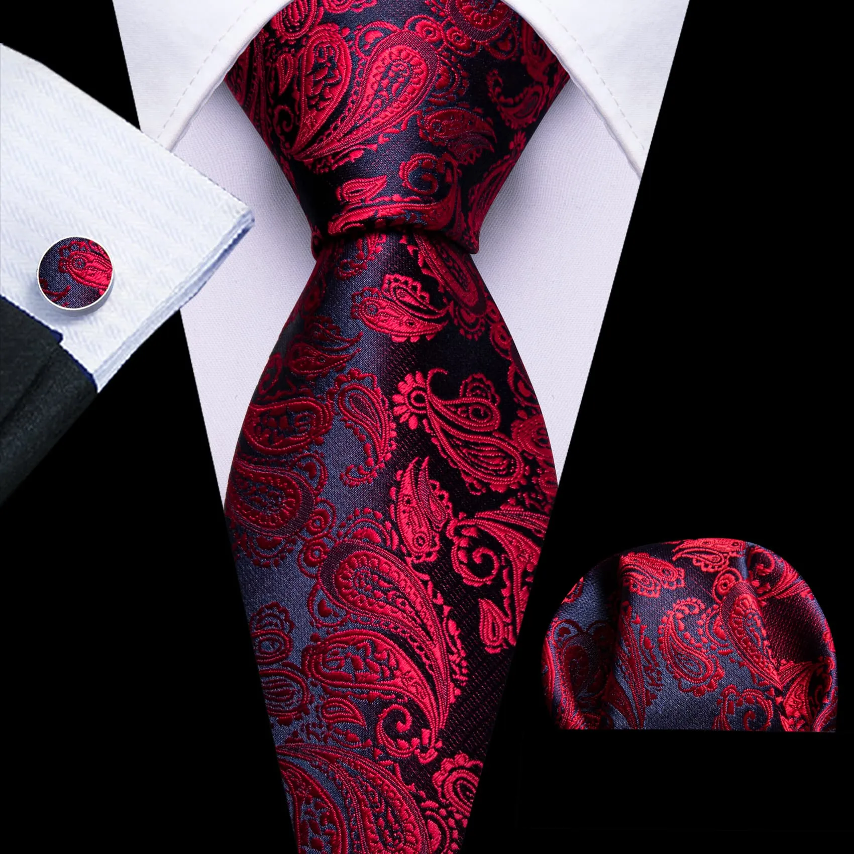 Barry. Wang Burgundy Red Black Paisley Necktie Tie Hanky Cufflinks Set sold by Barrywang