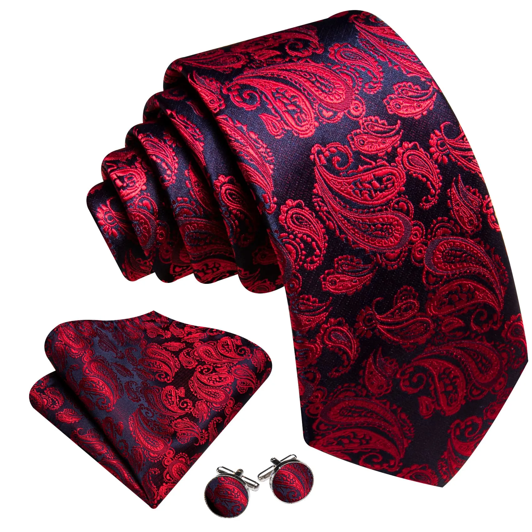 Barry. Wang Burgundy Red Black Paisley Necktie Tie Hanky Cufflinks Set sold by Barrywang product image thumbnail 3