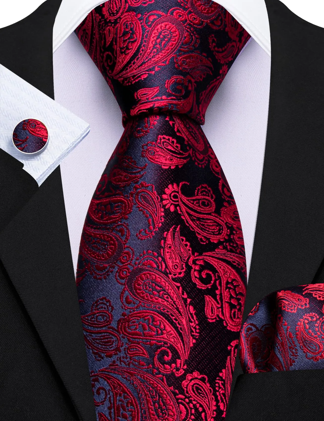 Barry. Wang Burgundy Red Black Paisley Necktie Tie Hanky Cufflinks Set sold by Barrywang product image thumbnail 2