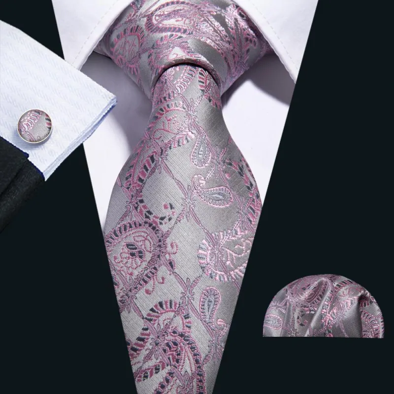 Barry. Wang Silver Pink Paisley Silk Tie Pocket Square Cufflinks Set sold by Barrywang