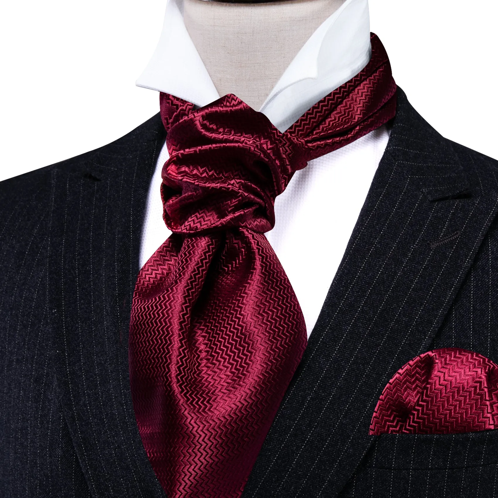 Barry. Wang Dark Red Striped Silk Ascot Handkerchief Cufflinks sold by Barrywang