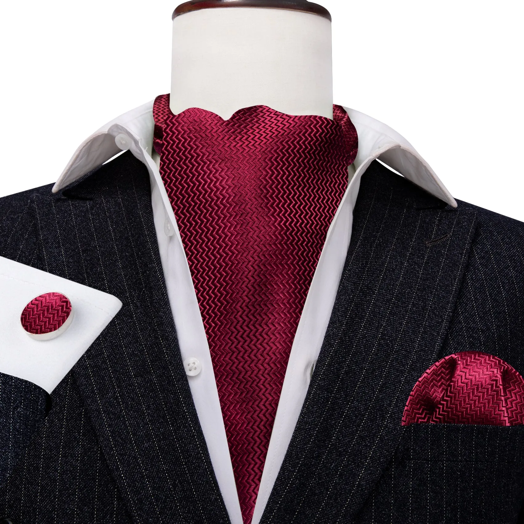 Barry. Wang Dark Red Striped Silk Ascot Handkerchief Cufflinks sold by Barrywang product image thumbnail 5