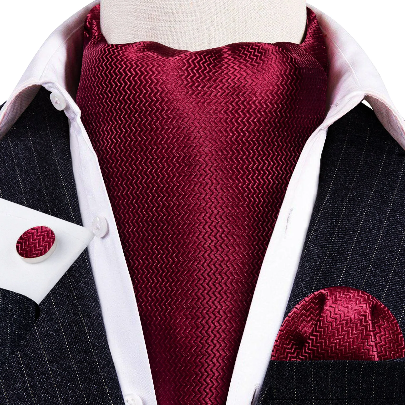 Barry. Wang Dark Red Striped Silk Ascot Handkerchief Cufflinks sold by Barrywang product image thumbnail 2