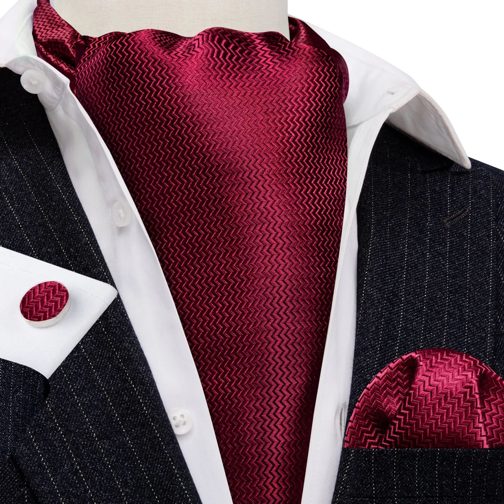 Barry. Wang Dark Red Striped Silk Ascot Handkerchief Cufflinks sold by Barrywang product image thumbnail 3