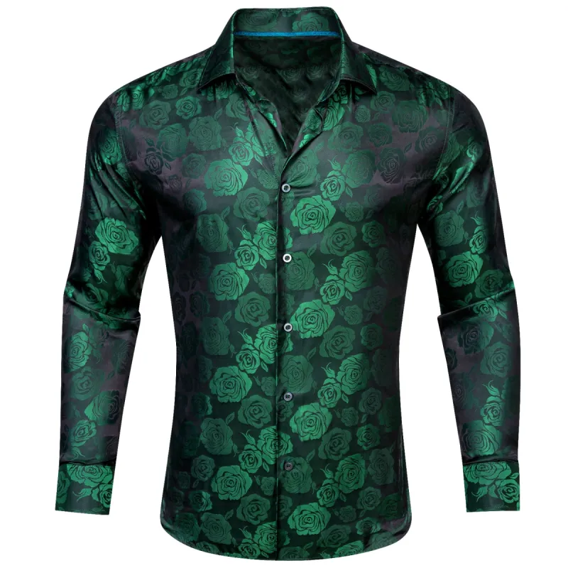 Barry.wang Green Print Flower Silk Men's Shirt sold by Barrywang