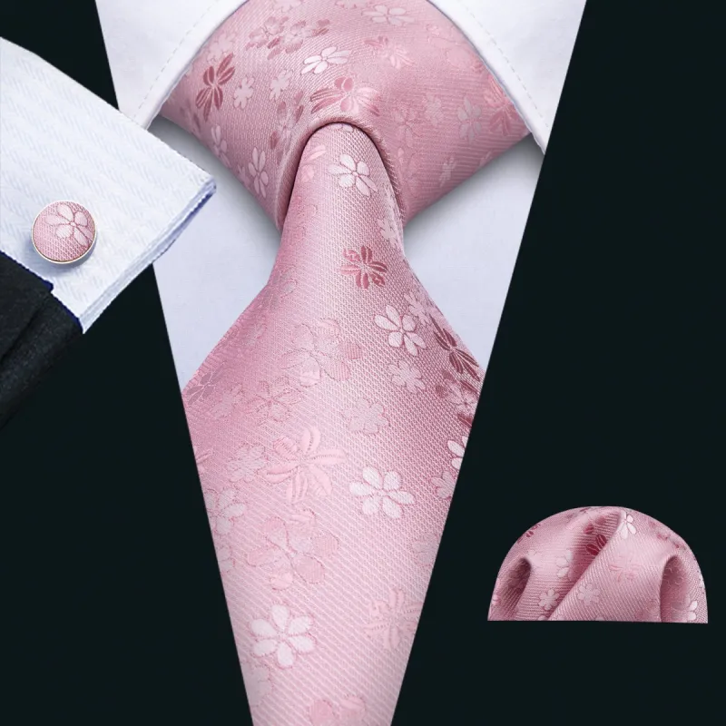 Barry Wang Pink Ties Sakura Floral Silk Fabric Tie Hanky Cufflinks Set sold by Barrywang