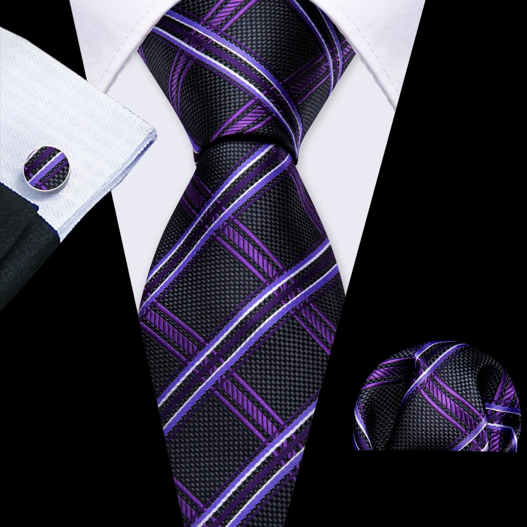 Barry. Wang Checkered Black Purple Silk Tie Handkerchief Cufflinks Set sold by Barrywang