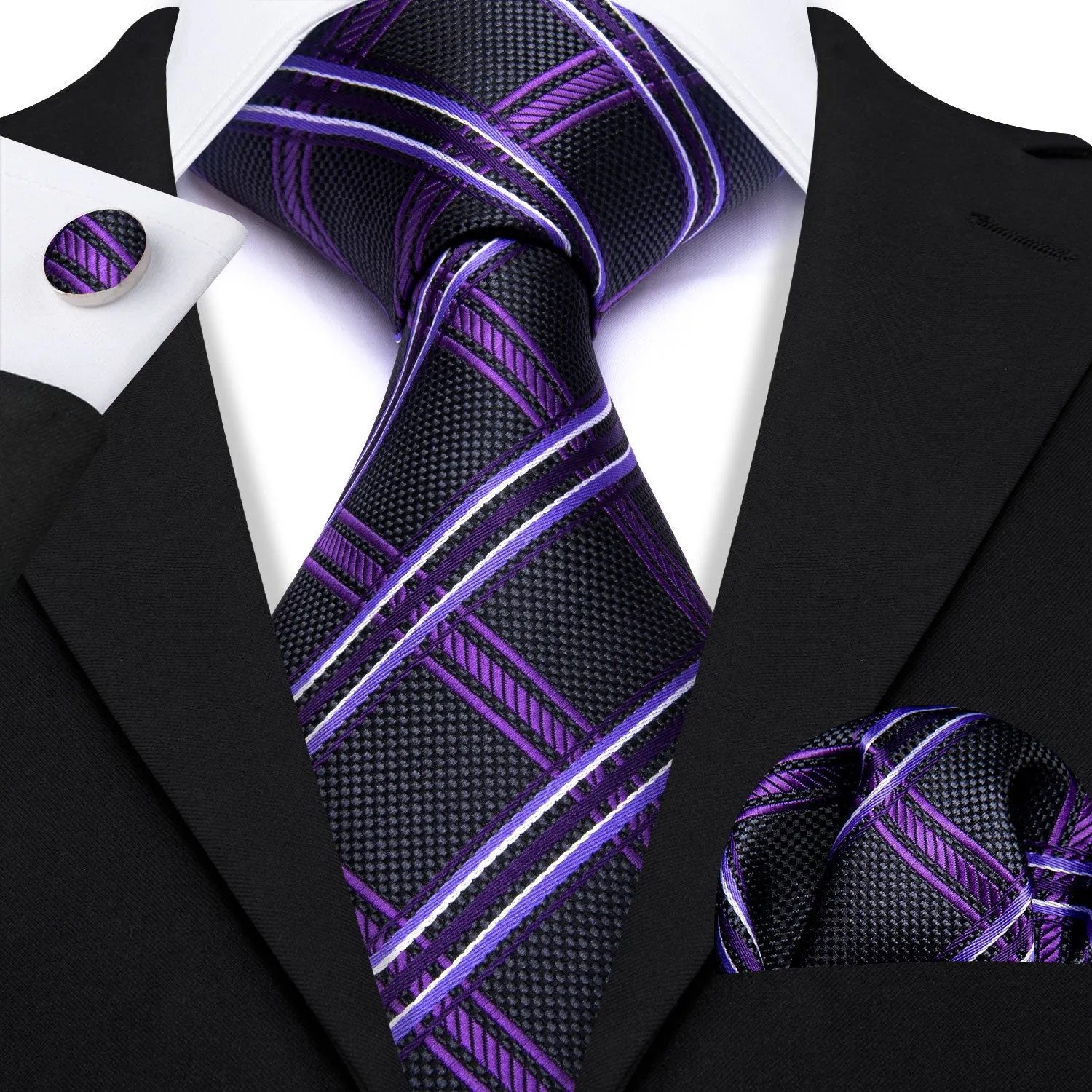 Barry. Wang Checkered Black Purple Silk Tie Handkerchief Cufflinks Set sold by Barrywang product image thumbnail 2