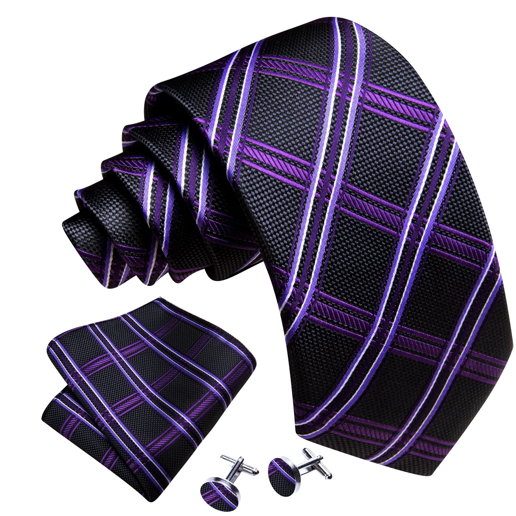 Barry. Wang Checkered Black Purple Silk Tie Handkerchief Cufflinks Set sold by Barrywang product image thumbnail 3