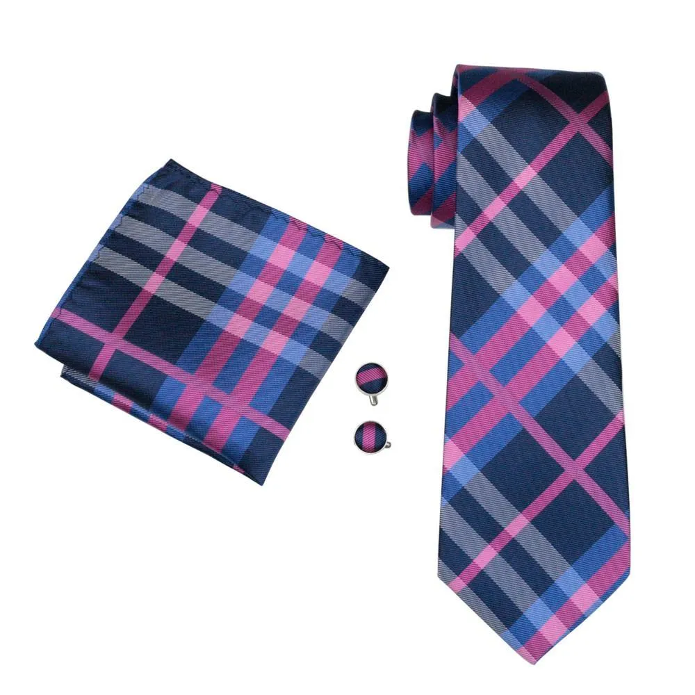 Barry Wang Deep Blue Pink Plaid Tie Pocket Square Cufflinks Set sold by Barrywang product image thumbnail 3